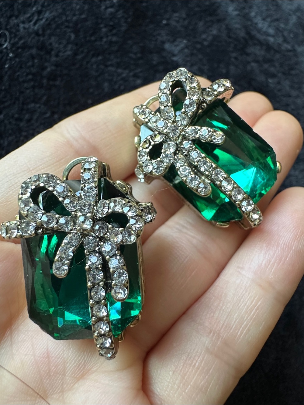 Emerald Green Crystal Bow Clip-On Statement Earrings